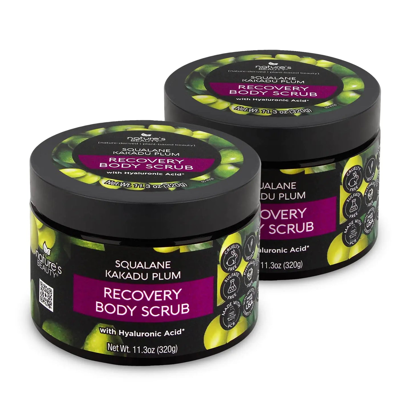 Natures Beauty Squalane Kakadu Plum Recovery Body Scrub Multi-Pack - Gently Exfoliate Restore & Nourish Dry Skin Made w/Hyaluronic Acid + Vitamin C + Kaolin Clay 11.3 oz (2 Pack)