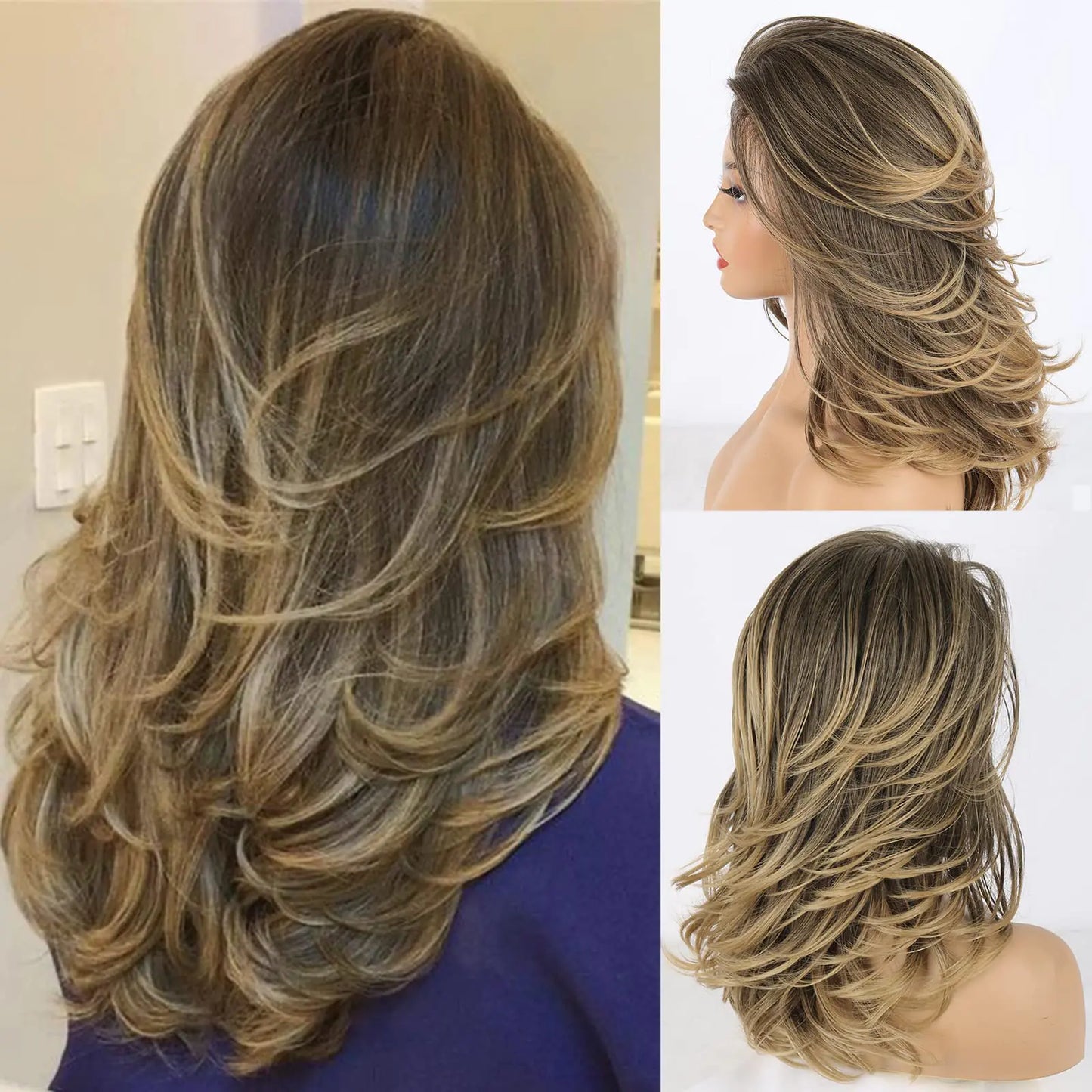 LEOSA Long Layered Wigs for Women Brown Layered Cut Hair Wig for Girls Long Hairstyles With Layers Soft Heat Resistant Fiber Synthetic Hair Replacement Wig (16Inch Mixed Light Brown#)