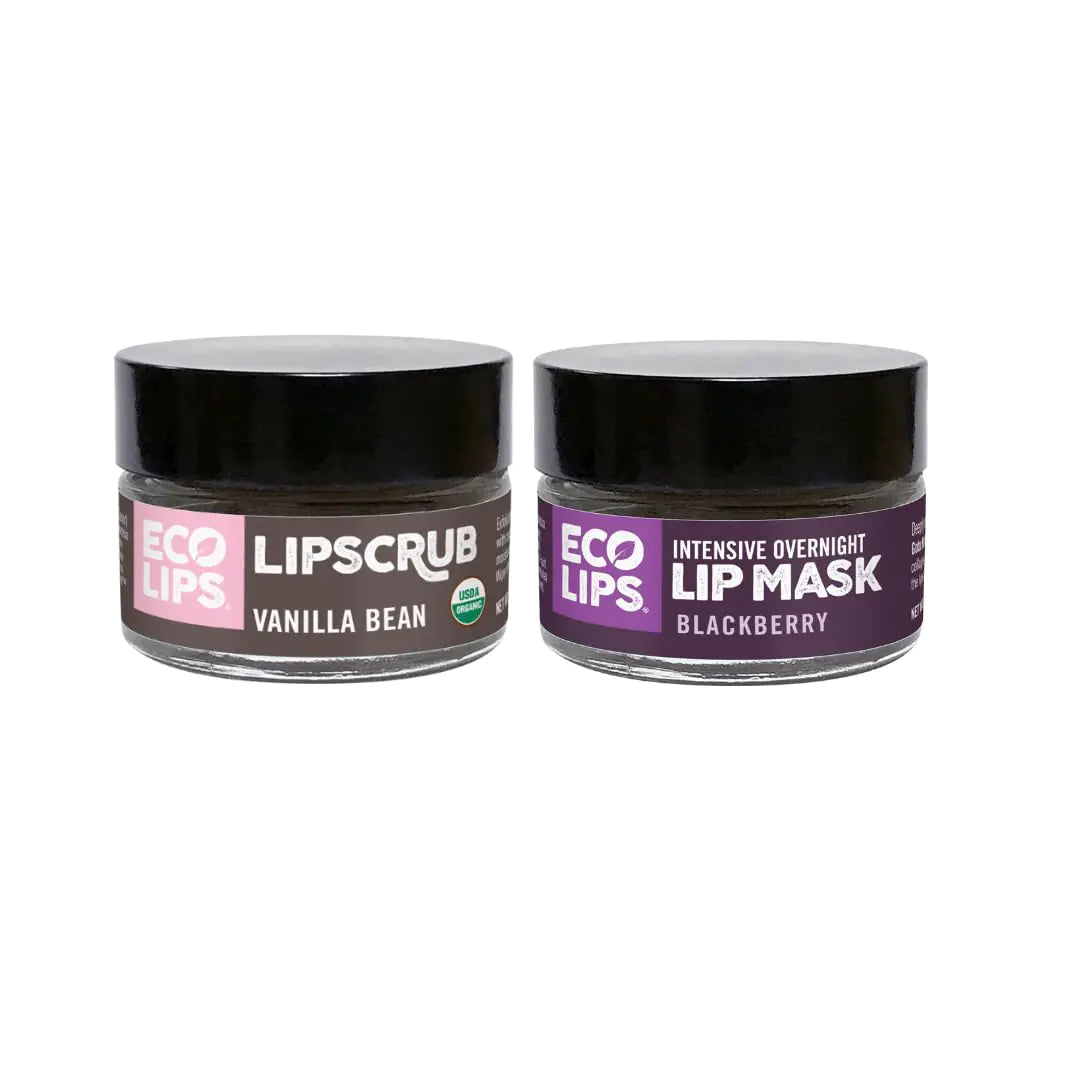 Eco Lips Vanilla Bean Lip Sugar Scrub & Blackberry Intensive Overnight Lip Repair Mask Duo - 100% Organic Lip Care Treatment - Gently Exfoliate Polish & Repair Dry Flaky Lips