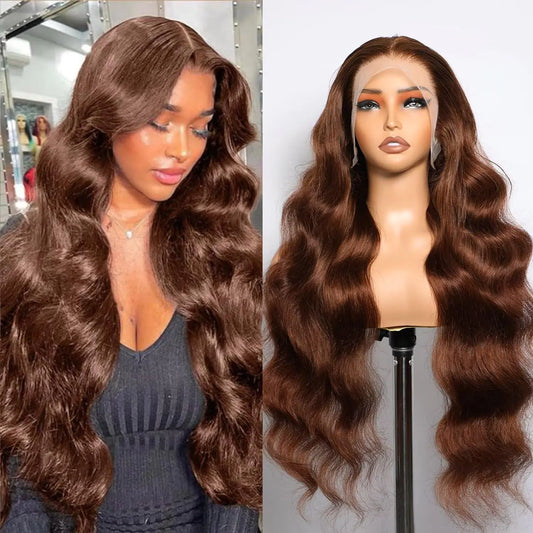 Lemoda 210% Chocolate Brown Body Wave 13x4 Full Lace Frontal Human Hair Wigs 30Inch 13x4 HD Transparent Lace Front Wigs Brazilian Virgin Human Hair Wigs Trendy Color