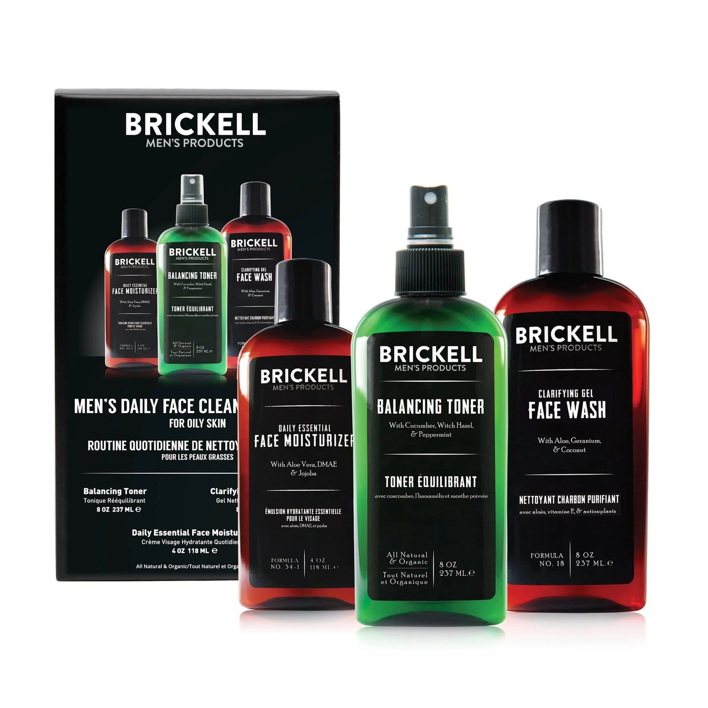 Brickell Mens Products täglich gesicht reinigen routine für fettige haut alkoholfrei toner gel-gesichtswäsche und moisturizer natur- und bio duftend