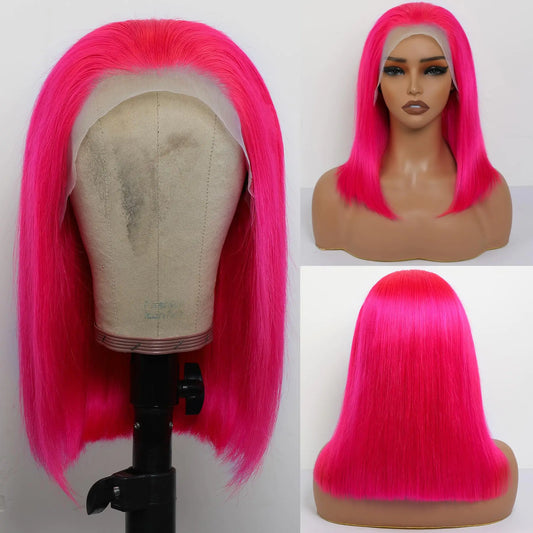 Hot Pink Color Short Straight Lace Bob Wigs 180% Density 13x4 Transparent Lace Front Human Hair Wigs Pre Plucked With Baby Hair 13x4 Lace Bob Wig Brazilian Virgin Glueless Human Hair Wigs 10 Inch