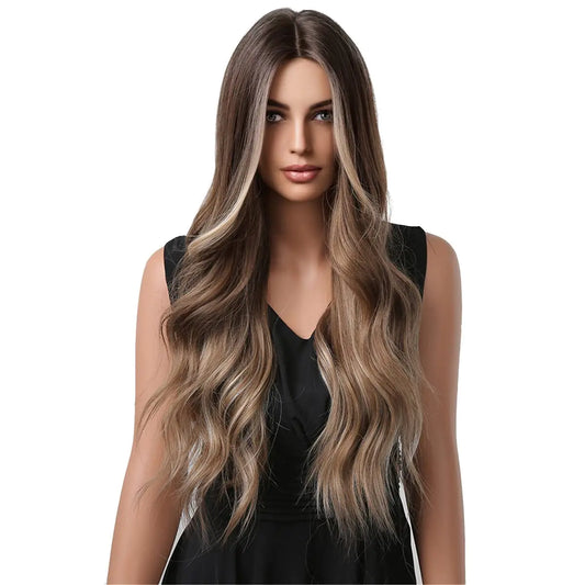 PATTNIUM Ombre Blonde Wigs for Women Long Brown Mixed Blonde Wigs Long Wavy Curly Highlights Wig Heat Resistant Synthetic Wig with Wig Cap (Ombre Brown Blonde)