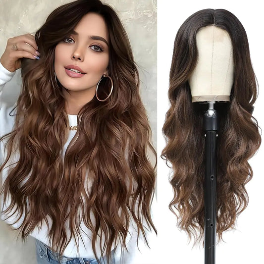 Elfairy Long Brown Wigs for Women Long Wavy Ombre Brown Hair Wig Hair Replacement Curly Wig Synthetic Heat Resistant Hair Wig for Daily Party Use(26 Ombre Brown)
