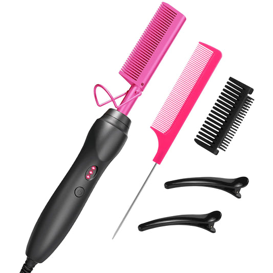 Electric Comb Hair Straightener Heat Pressing CombsHot Ceramic Hair Straightening Comb Flat Iron for Natural Black Hair African American Gift - Pink Comb