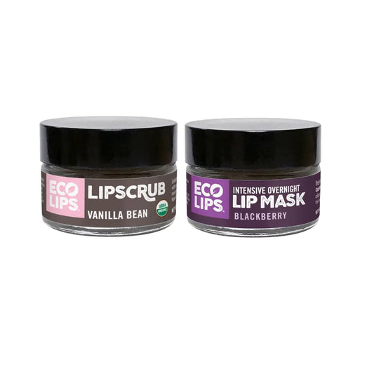 Eco Lips Vanilla Bean Lip Sugar Scrub & Blackberry Intensive Overnight Lip Repair Mask Duo - 100% Organic Lip Care Treatment - Gently Exfoliate Polish & Repair Dry Flaky Lips