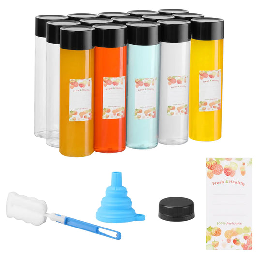 Party Club of America 15pcs 12oz Round Empty Reusable Juice Bottles With CapsLabel Funnel and Brush Drink Containers For Juicing Milkshake And Other Beverages